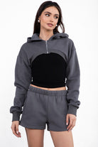Graphite ultra cropped cardigan with hood and soft fleece fabric from Tic Toc, designed for layering.