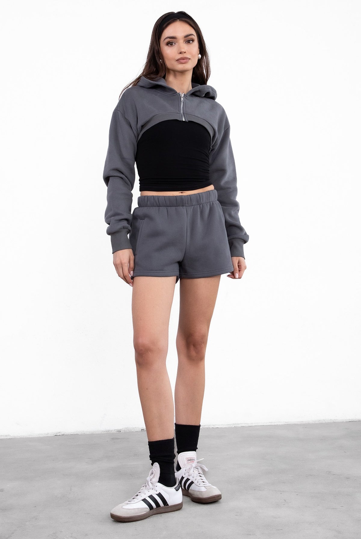 Graphite ultra cropped cardigan with hood and soft fleece fabric from Tic Toc, designed for layering.