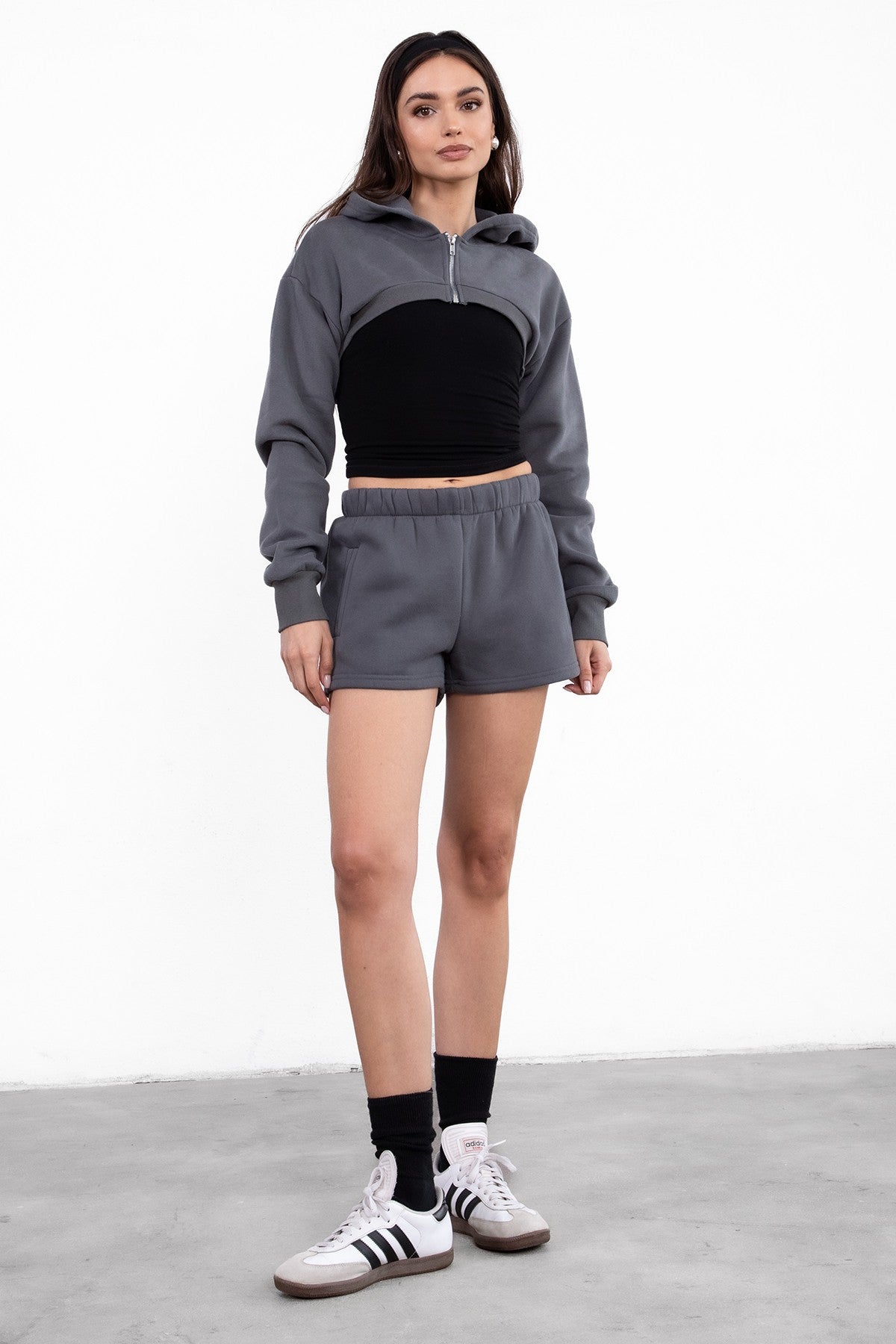 Graphite ultra cropped cardigan with hood and soft fleece fabric from Tic Toc, designed for layering.