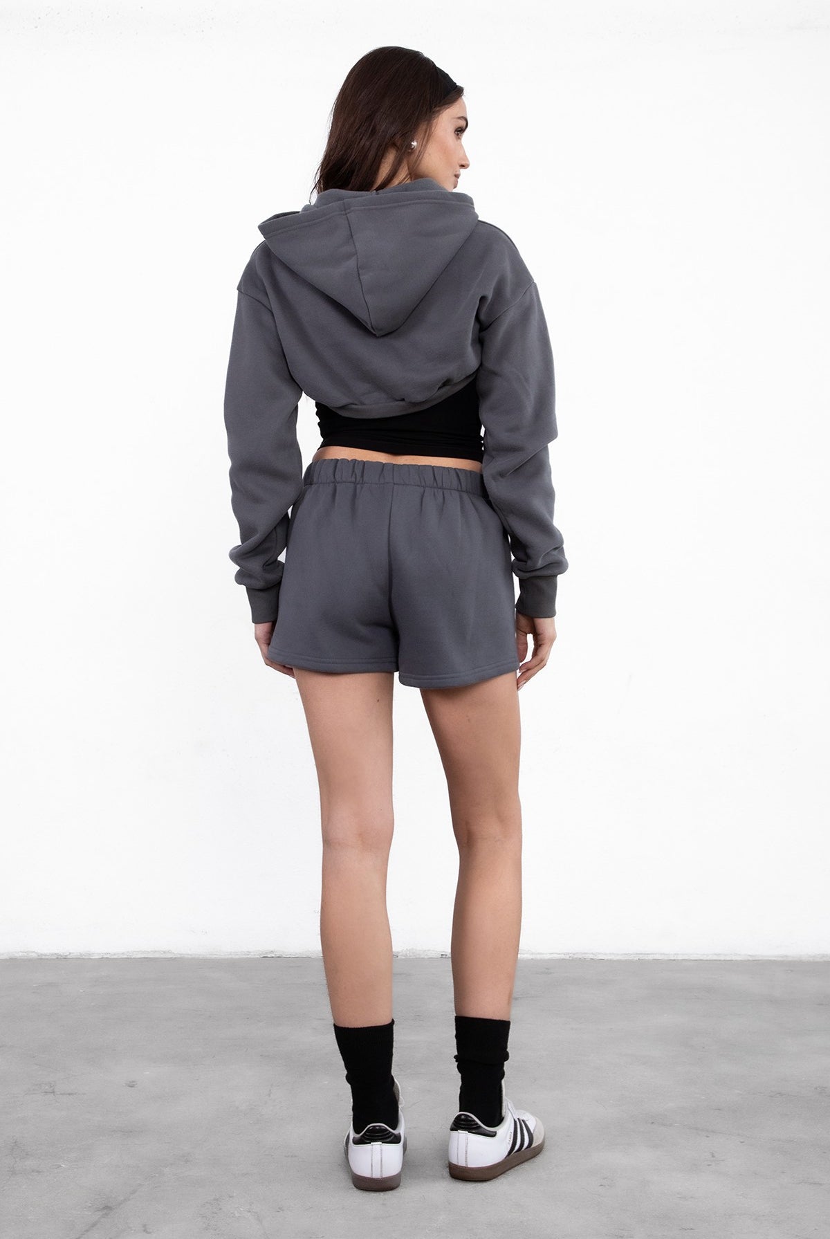 Graphite ultra cropped cardigan with hood and soft fleece fabric from Tic Toc, designed for layering.