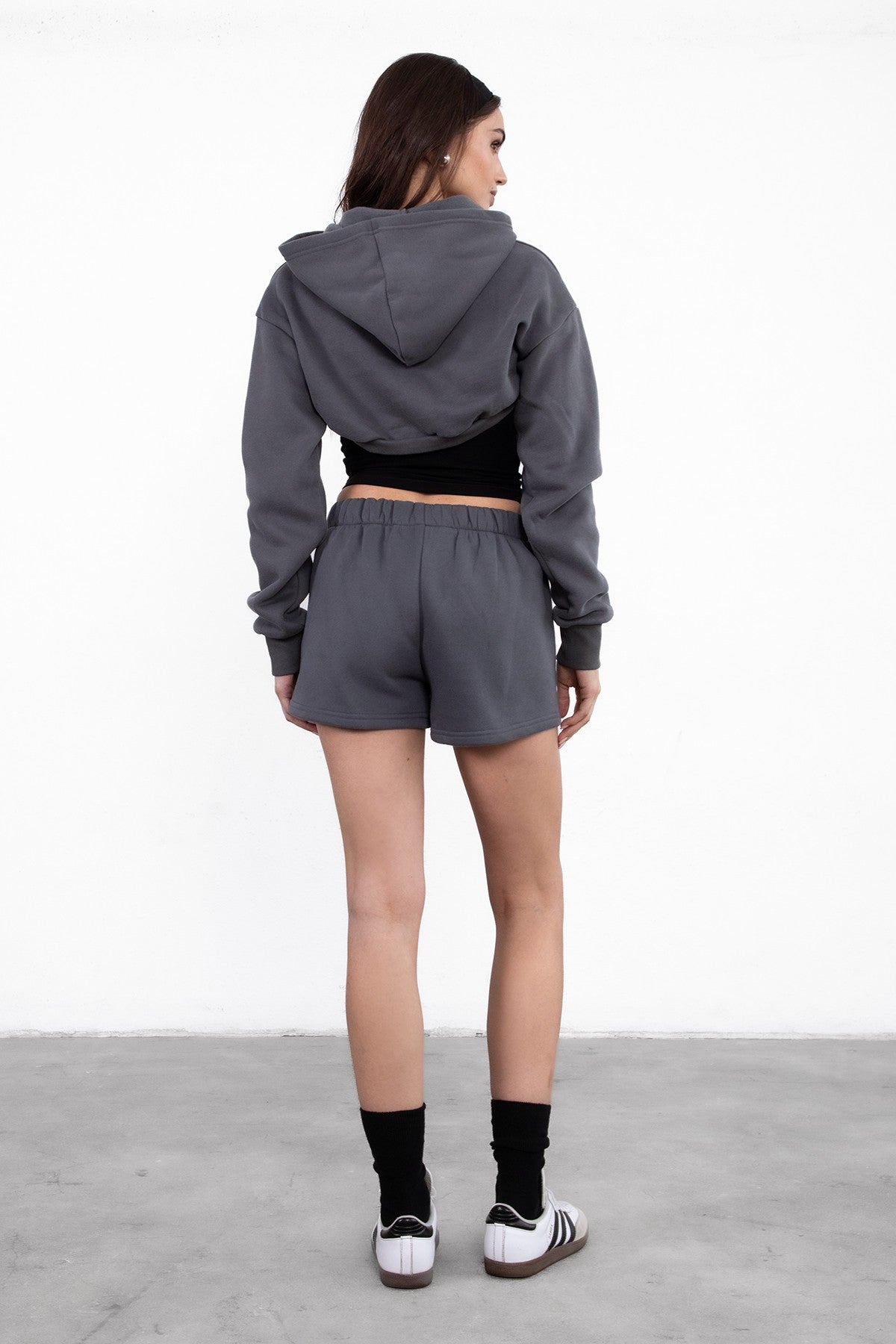 Graphite ultra cropped cardigan with hood and soft fleece fabric from Tic Toc, designed for layering.