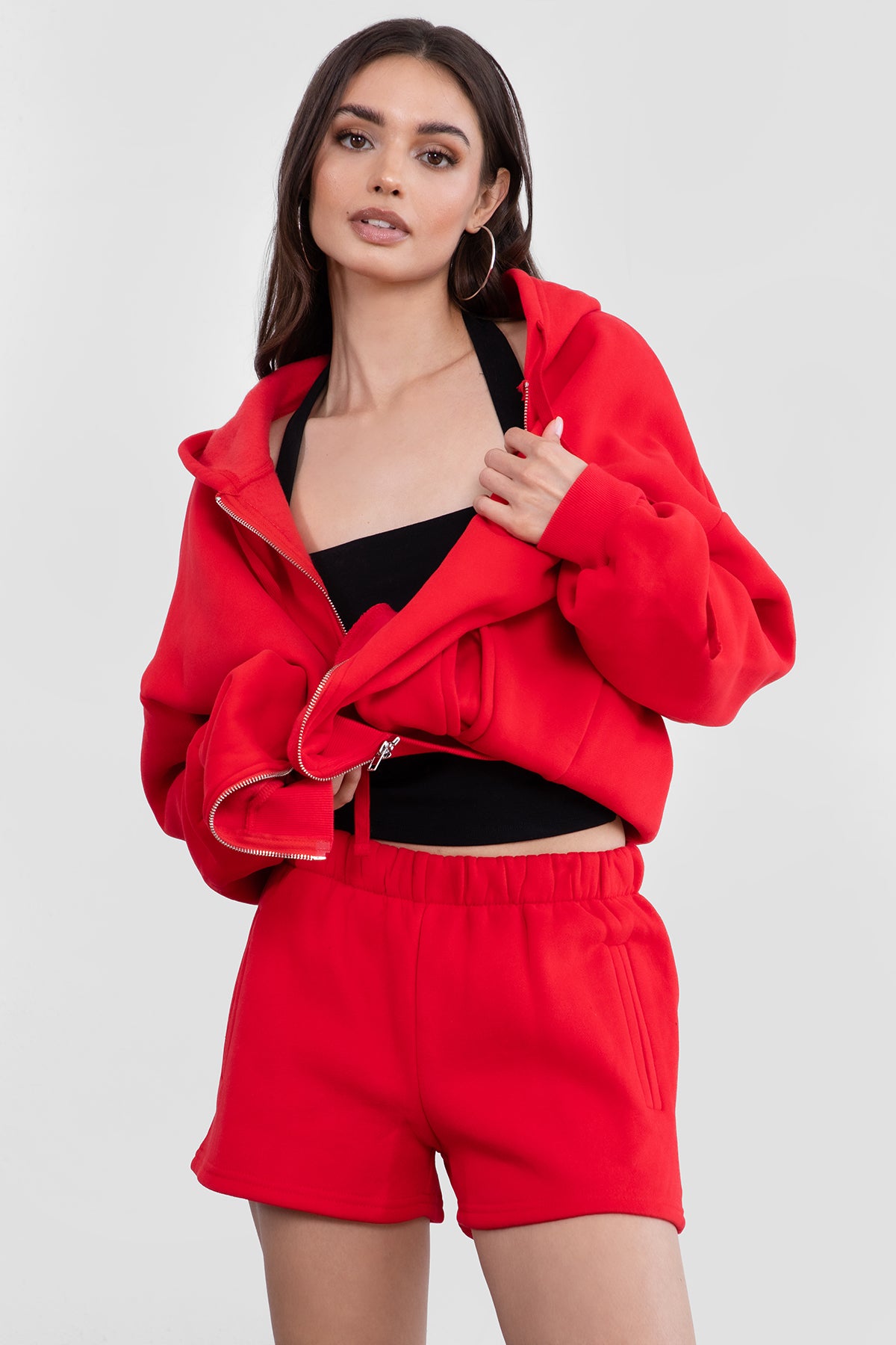 Cherry red fleece high-waisted shorts with a soft, warm fleece texture by Tic Toc.