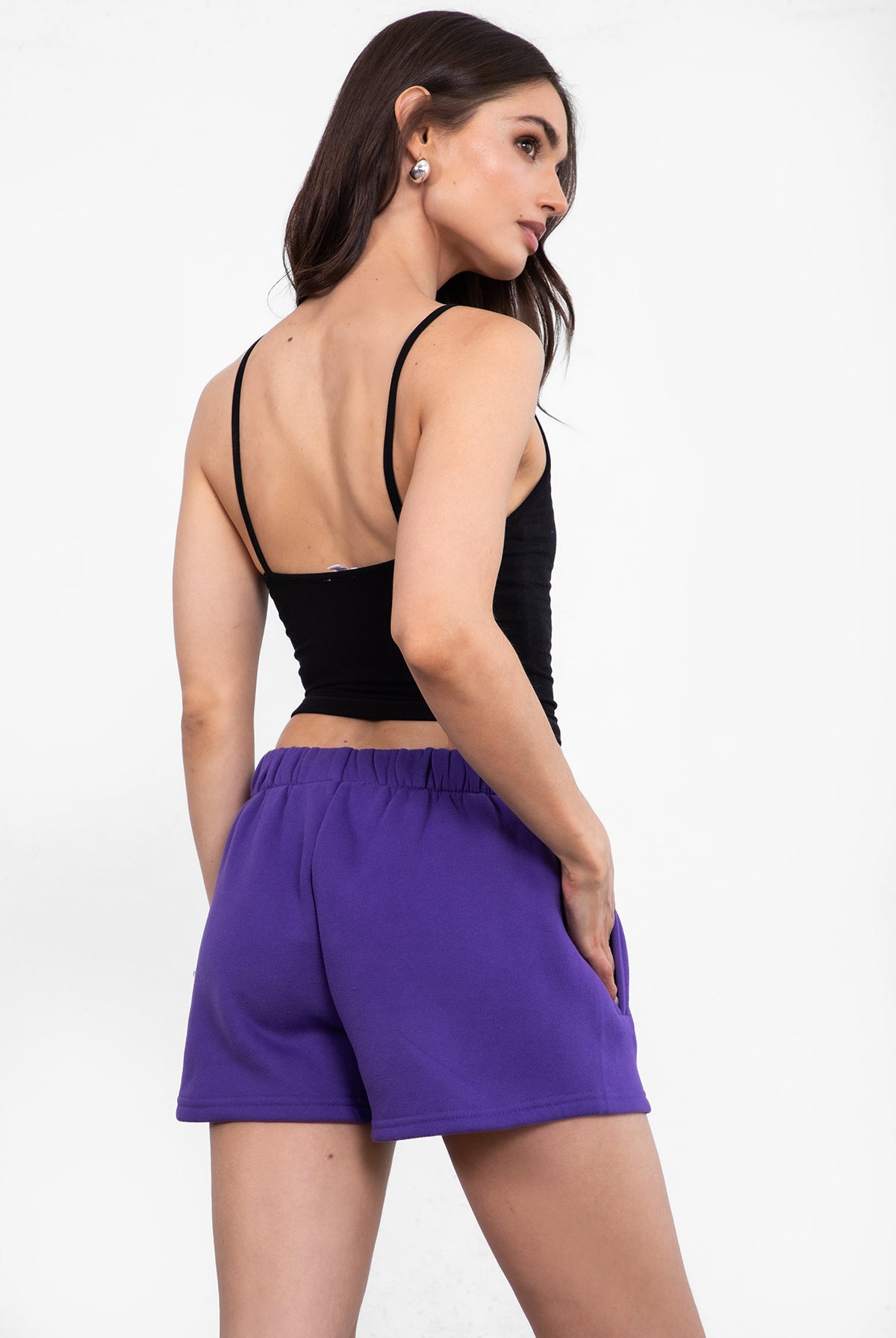Purple fleece sweat shorts with a smooth texture and relaxed fit by Tic Toc.