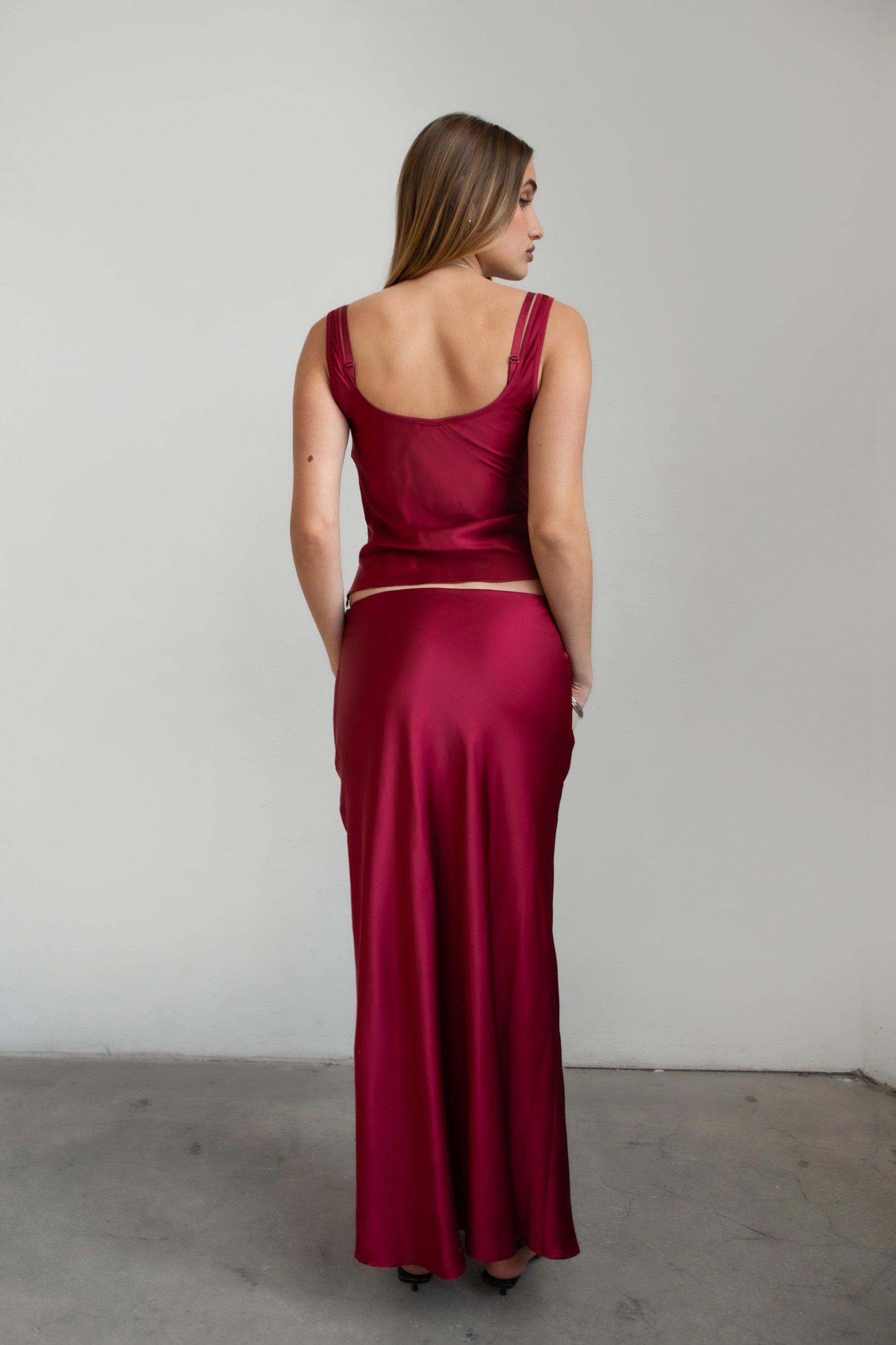 TIC TOC SH30933 CHERRIS Low Rise Satin Maxi Skirt in silky stretch fabric.