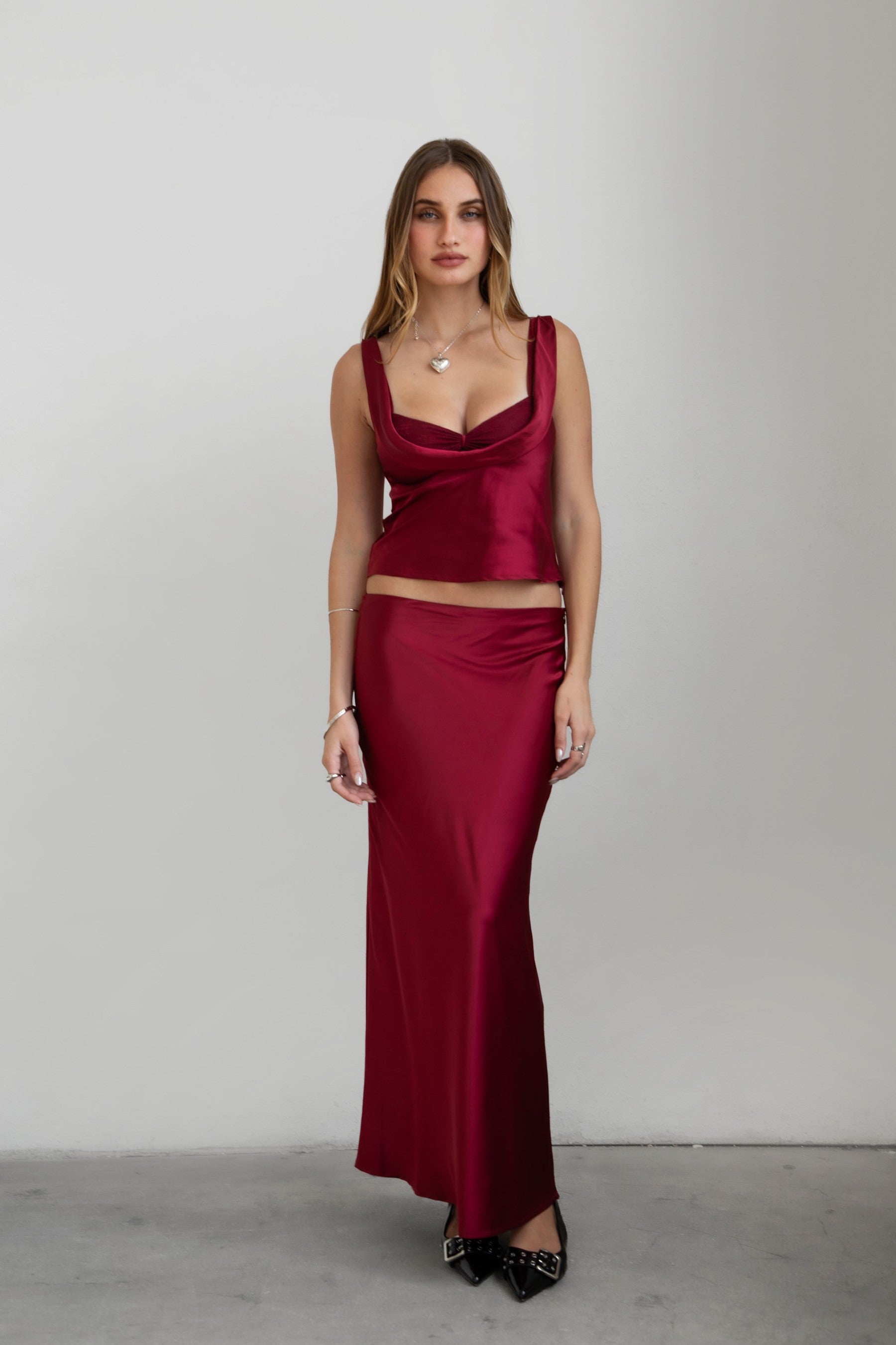 TIC TOC SH30933 CHERRIS Low Rise Satin Maxi Skirt in silky stretch fabric.