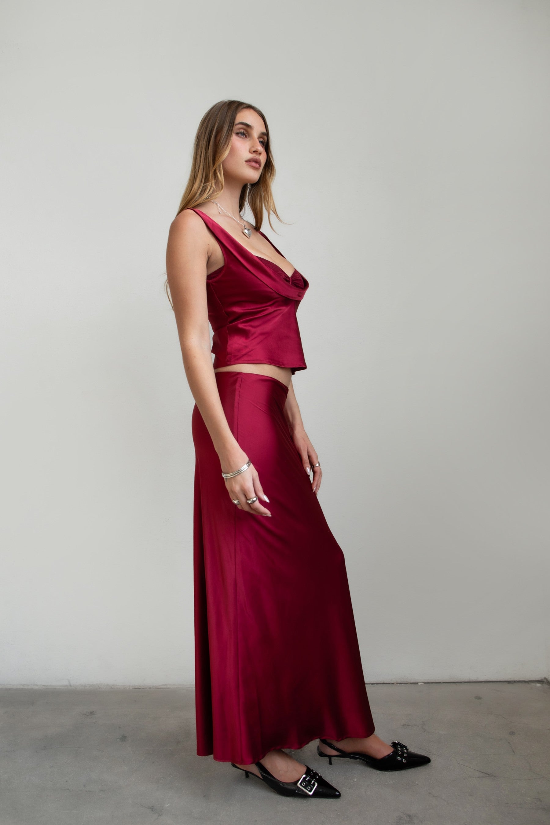 TIC TOC SH30933 CHERRIS Low Rise Satin Maxi Skirt in silky stretch fabric.