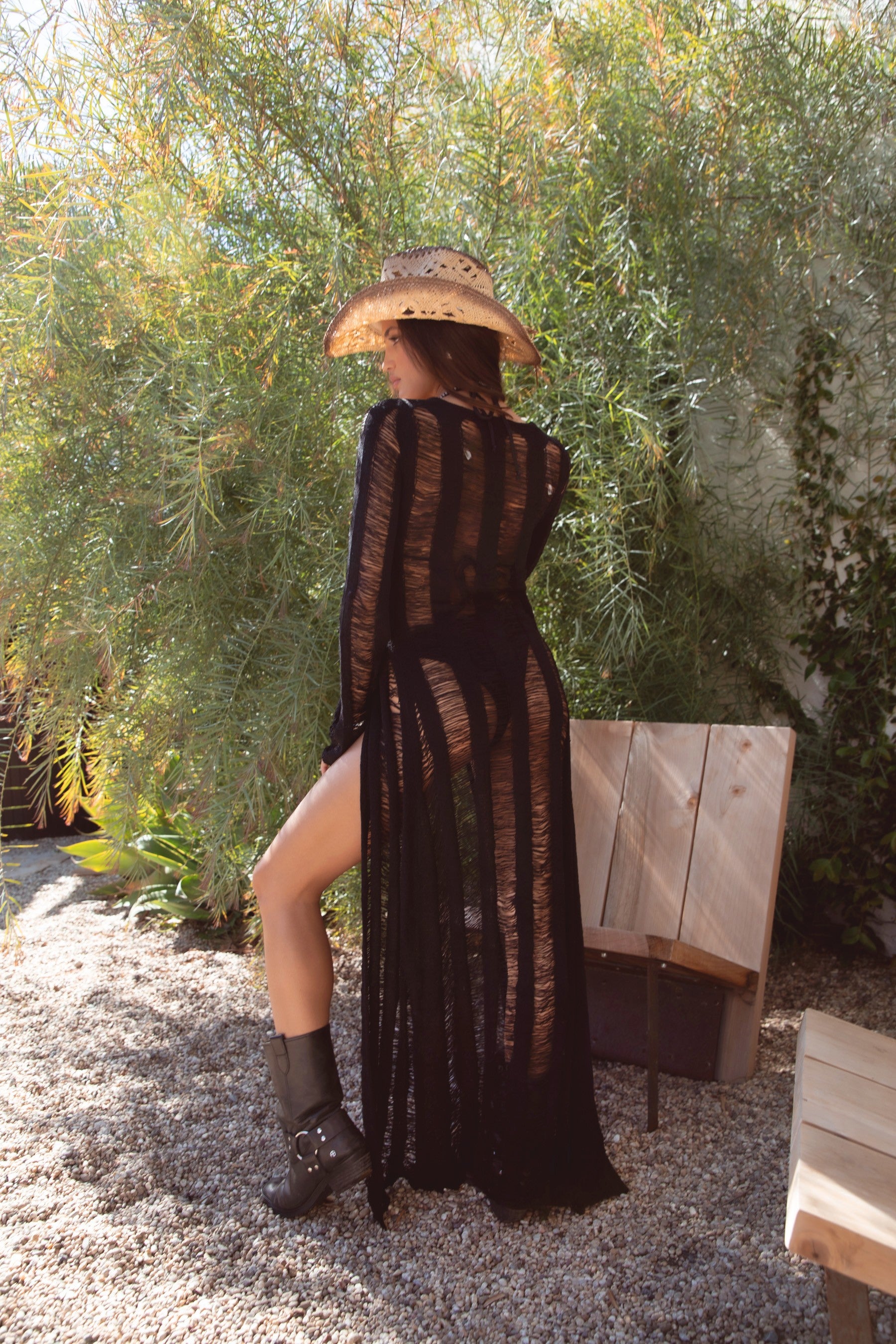 TIC TOC TC28341 BREEZE Distressed Ladder Knit Cover Up with Tie Front and Sheer Sleeves in color oatmeal