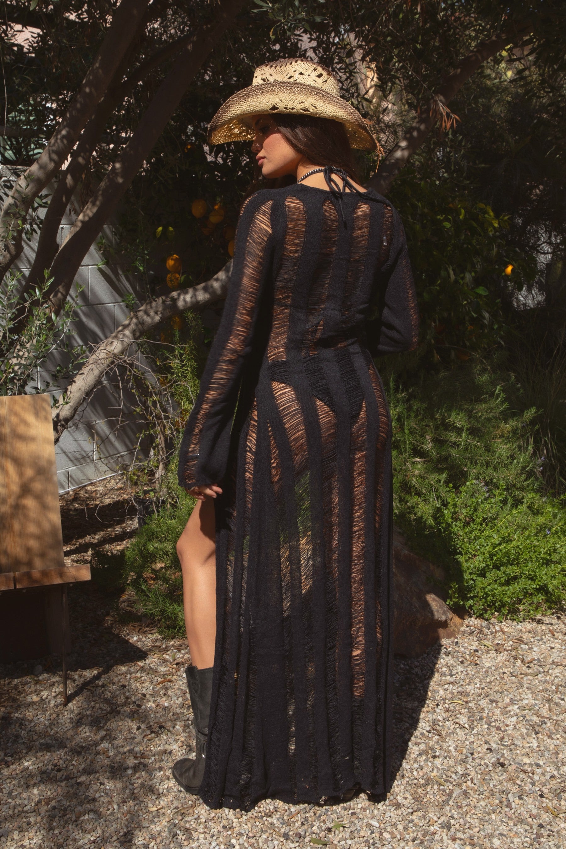 TIC TOC TC28341 BREEZE Distressed Ladder Knit Cover Up with Tie Front and Sheer Sleeves in color oatmeal