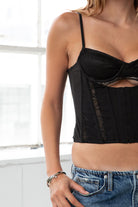 TIC TOC TC30437 EVIE Stretch Lace Corset Top in black with V neckline, sheer lace bust, and boned bodice.