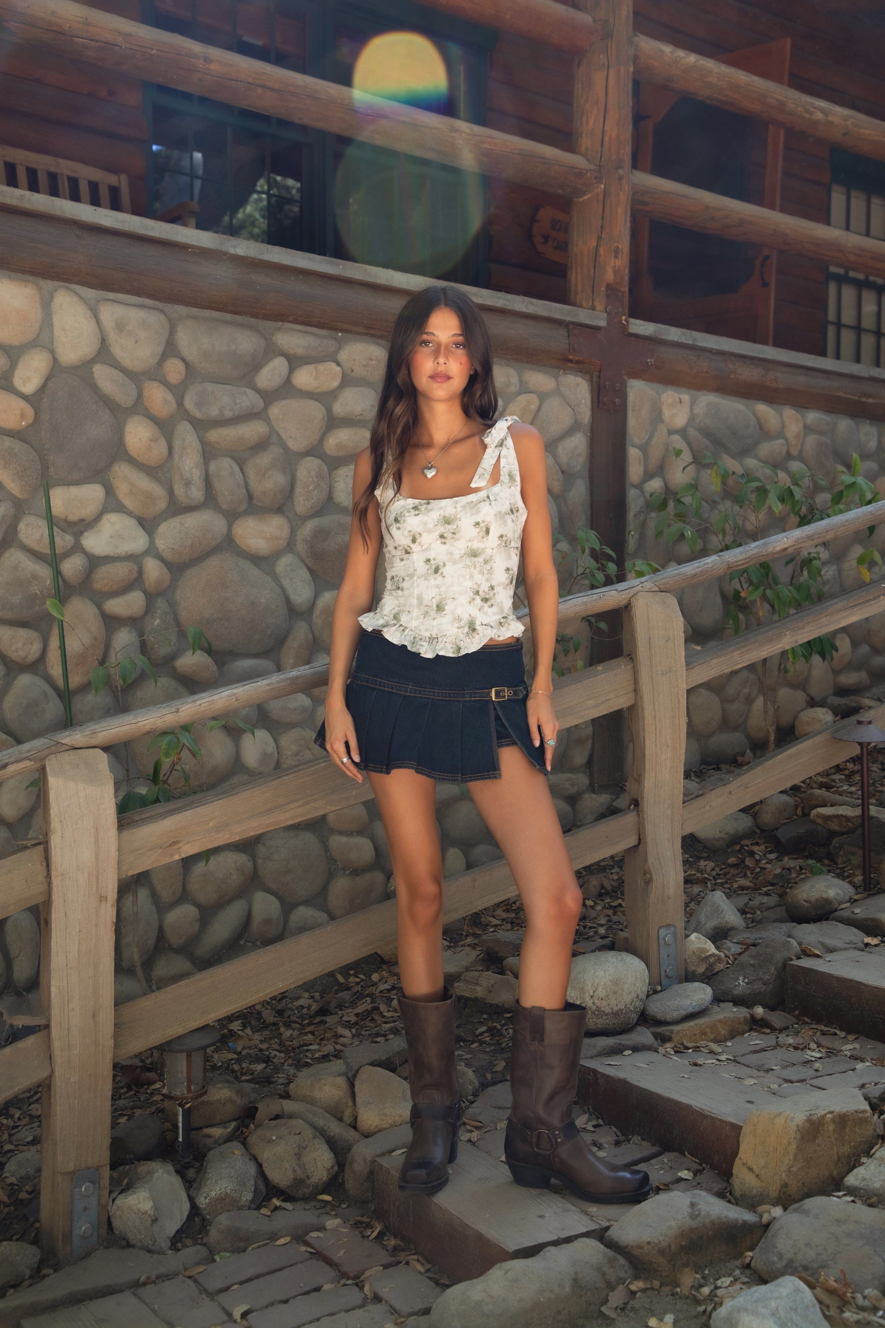 TIC TOC ROSALIEE Top styled with denim mini skirt— casual summer or fall boho outfit.