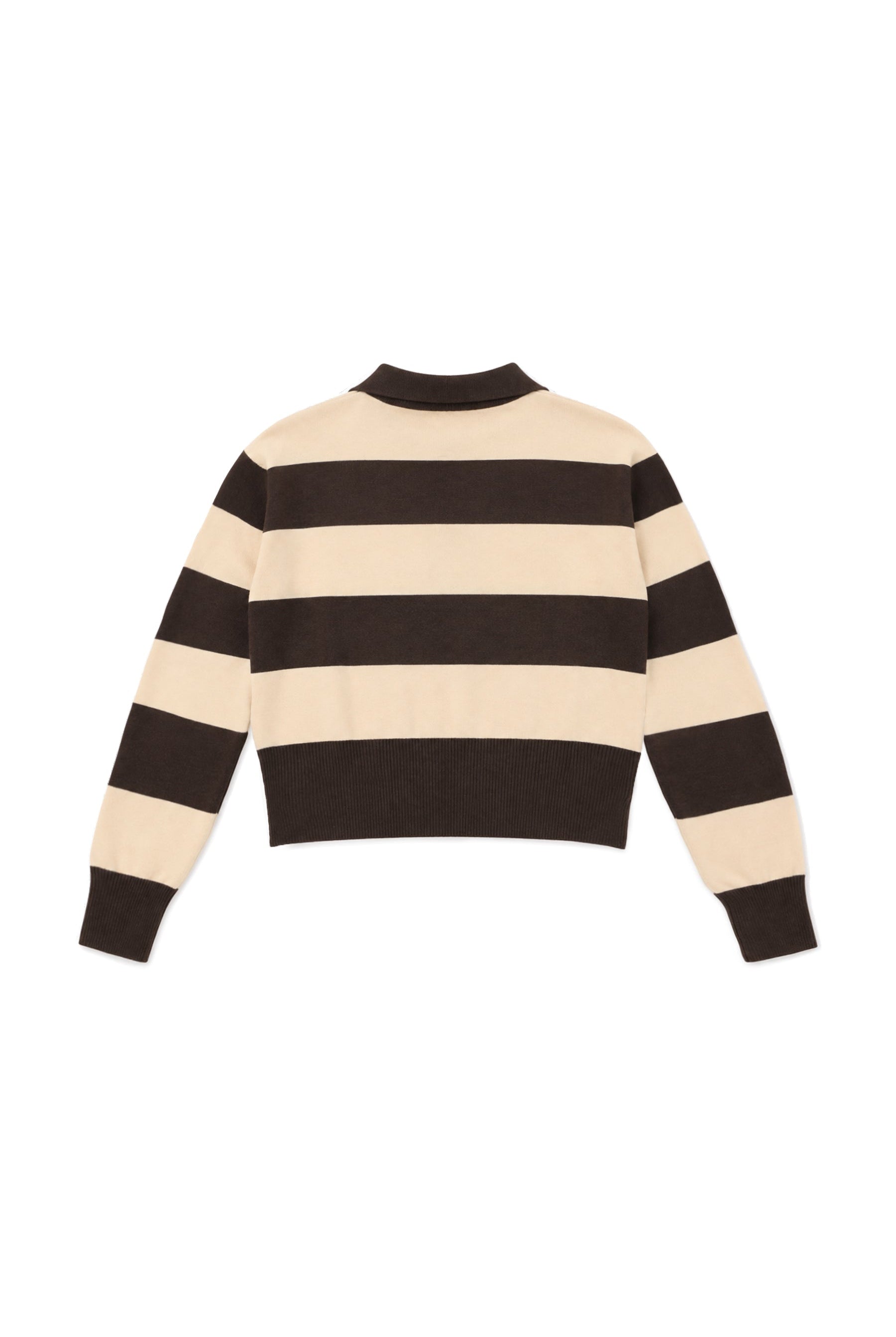 Woman wearing PRESCOTT striped collared classic preppy sweater featuring soft sweater knit fabric, bold contrast stripes, polo inspired collar with open V neckline, wide horizontal stripe design, relaxed dropped shoulder silhouette, long sleeves with contrast ribbed cuffs, ribbed hem, and subtle side slits.