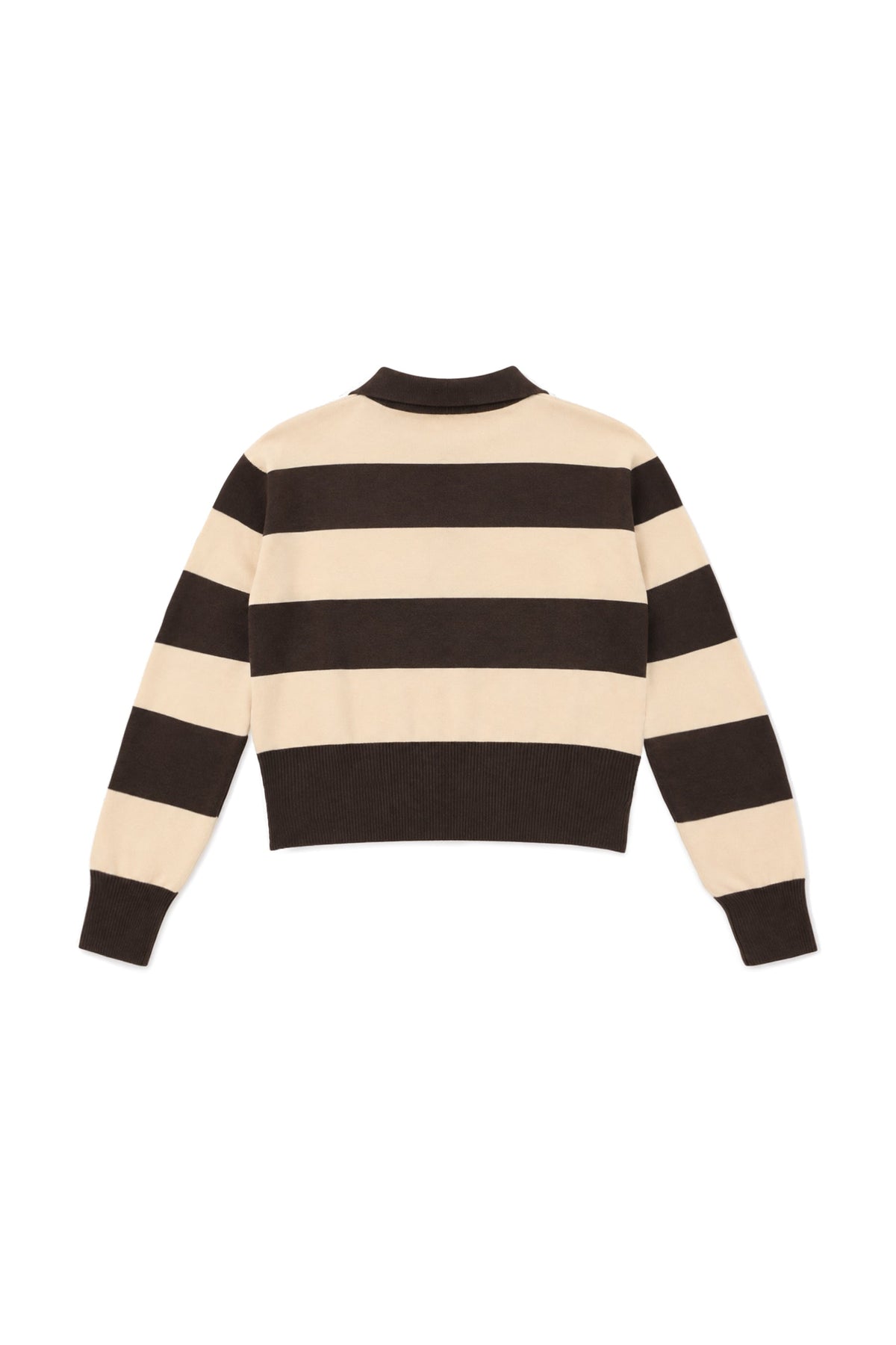 Woman wearing PRESCOTT striped collared classic preppy sweater featuring soft sweater knit fabric, bold contrast stripes, polo inspired collar with open V neckline, wide horizontal stripe design, relaxed dropped shoulder silhouette, long sleeves with contrast ribbed cuffs, ribbed hem, and subtle side slits.