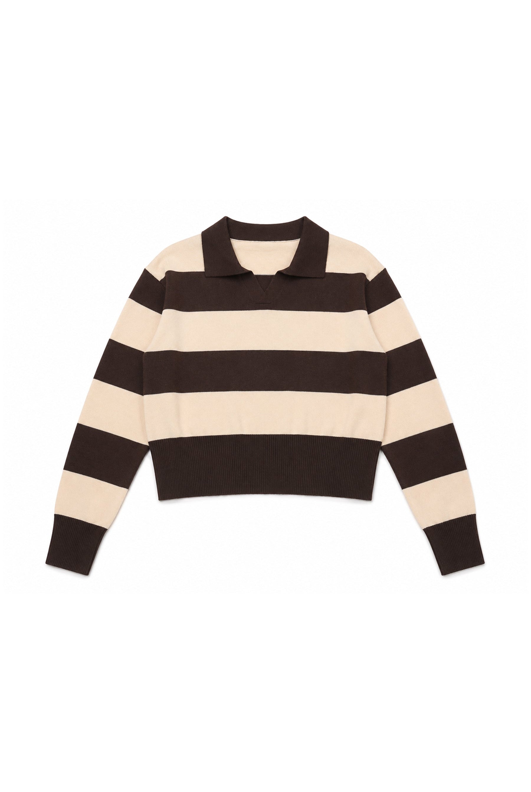 Woman wearing PRESCOTT striped collared classic preppy sweater featuring soft sweater knit fabric, bold contrast stripes, polo inspired collar with open V neckline, wide horizontal stripe design, relaxed dropped shoulder silhouette, long sleeves with contrast ribbed cuffs, ribbed hem, and subtle side slits.