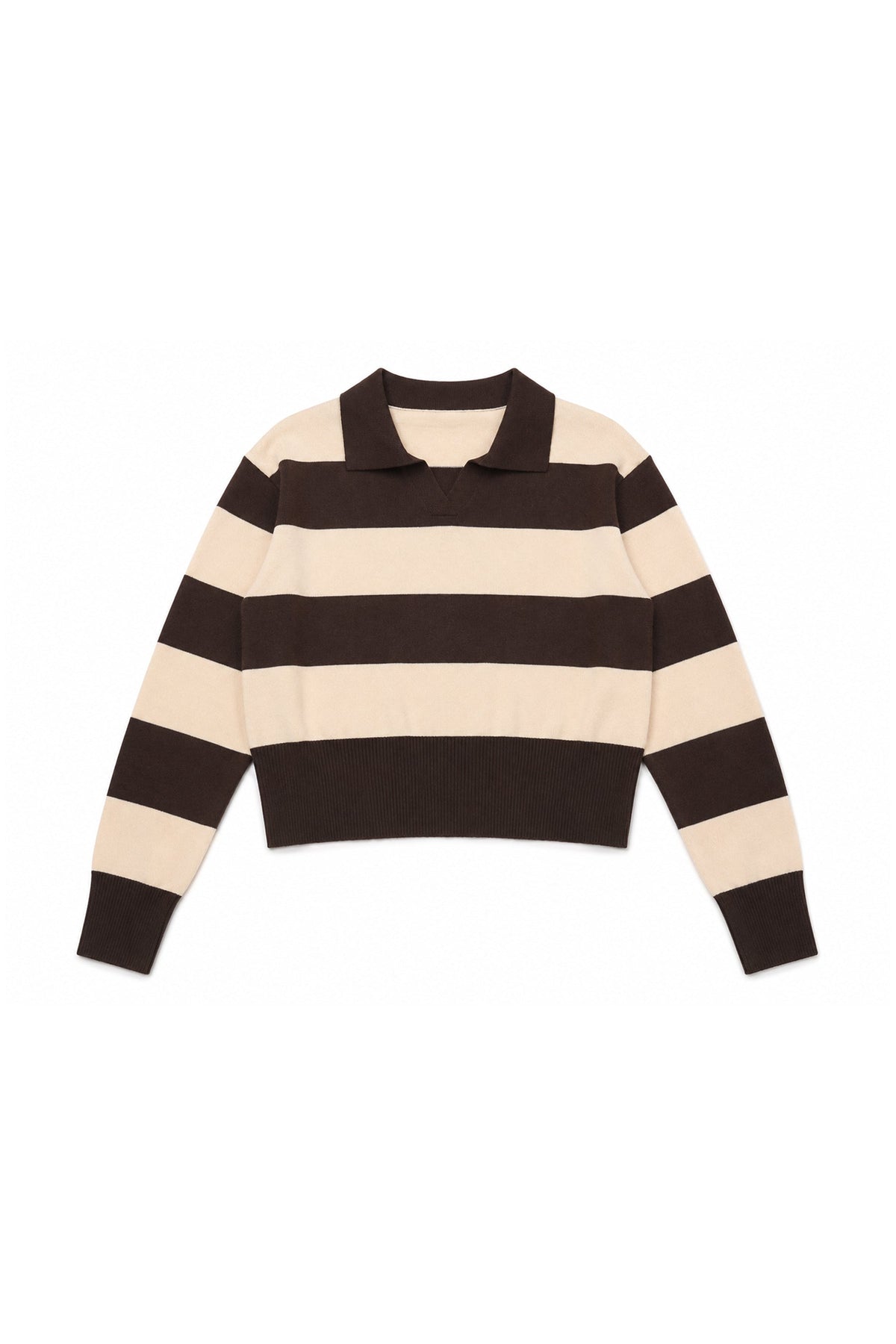 Woman wearing PRESCOTT striped collared classic preppy sweater featuring soft sweater knit fabric, bold contrast stripes, polo inspired collar with open V neckline, wide horizontal stripe design, relaxed dropped shoulder silhouette, long sleeves with contrast ribbed cuffs, ribbed hem, and subtle side slits.
