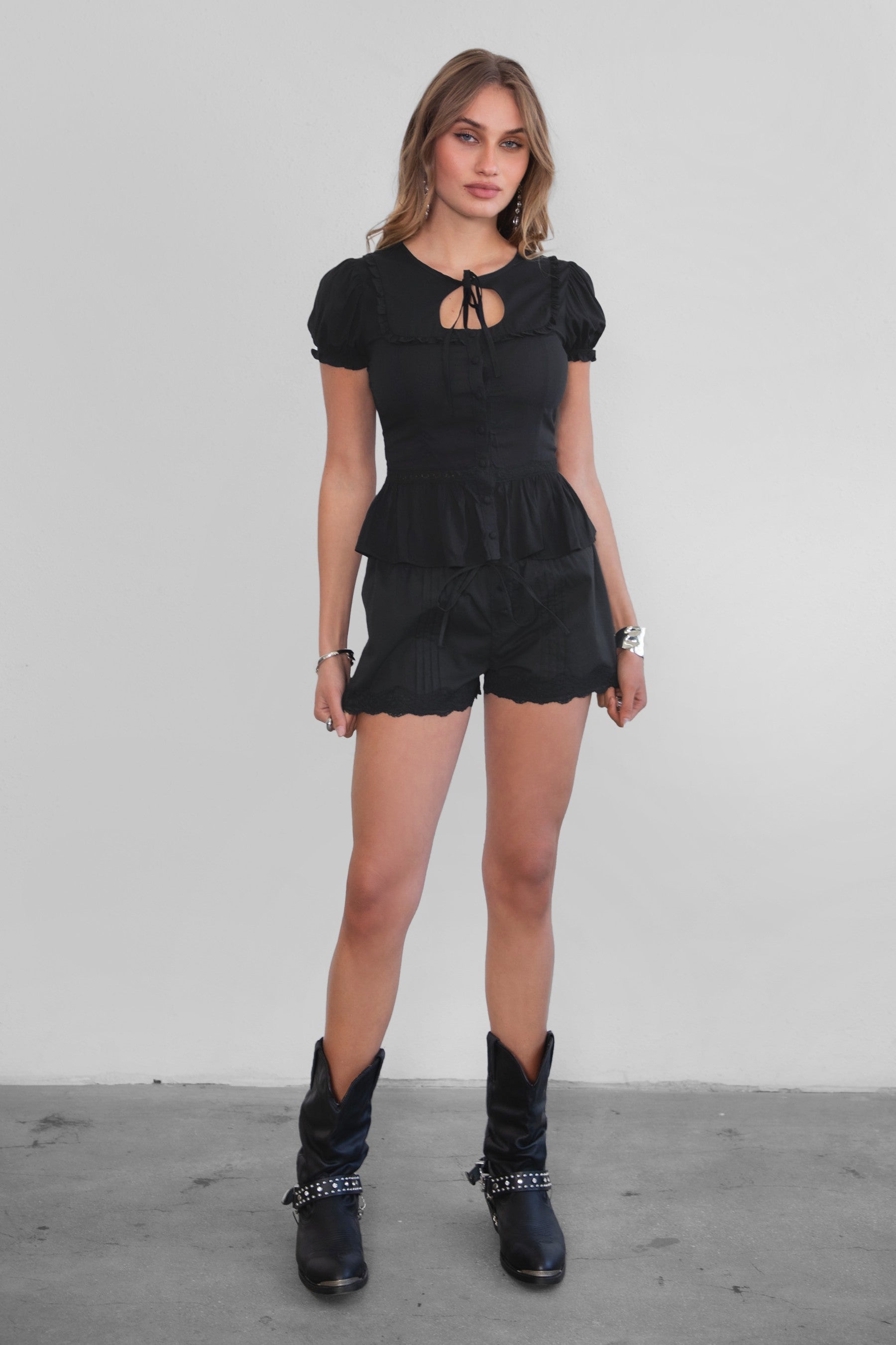 AGATHA Rayon Challis Keyhole Ruffle Blouse serves effortless romance with a soft, vintage feel.