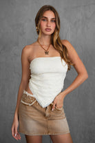 Woman wearing TIC TOC WREN Cream Stretch Lace Scarf Top withe a denim mini skirt