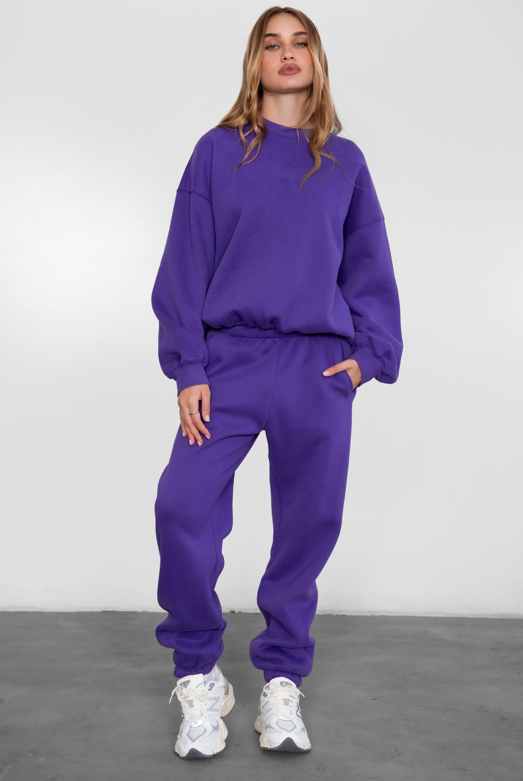VARSITY crew neck fleece pullover sweatshirt in matching Essentials Plush Collection shades in purple