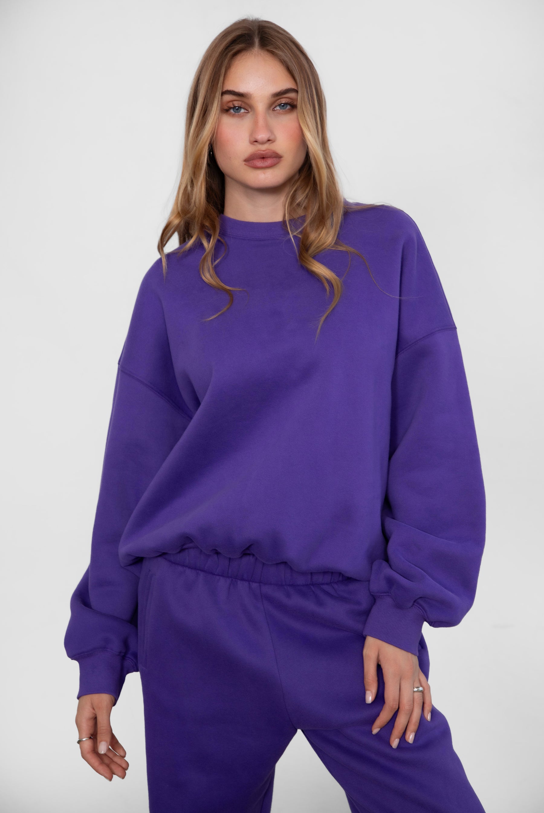 VARSITY crew neck fleece pullover sweatshirt in matching Essentials Plush Collection shades in purple