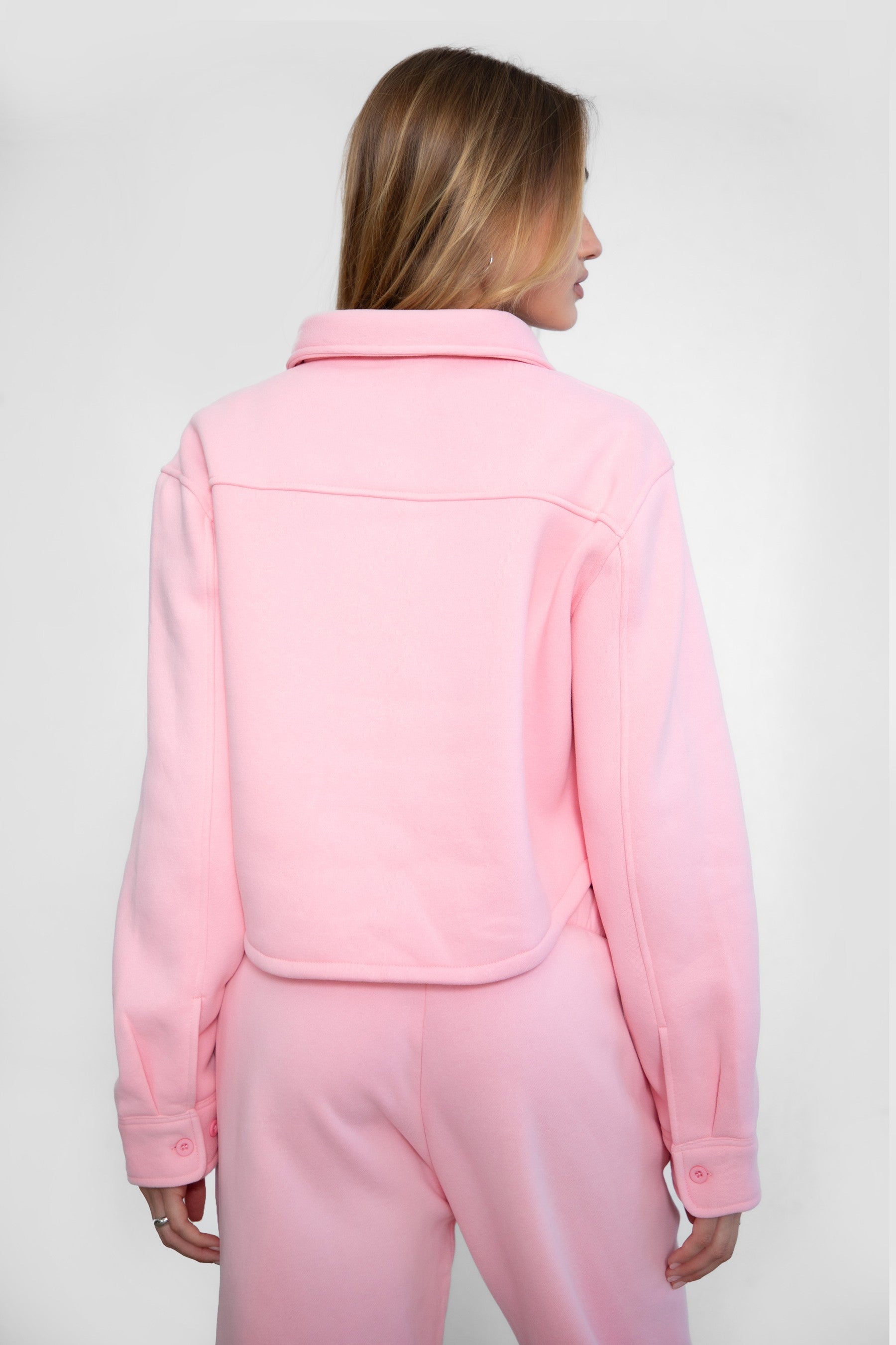 TIC TOC JENNIE cropped fleece shacket in blush with button-up front and front pocket detail