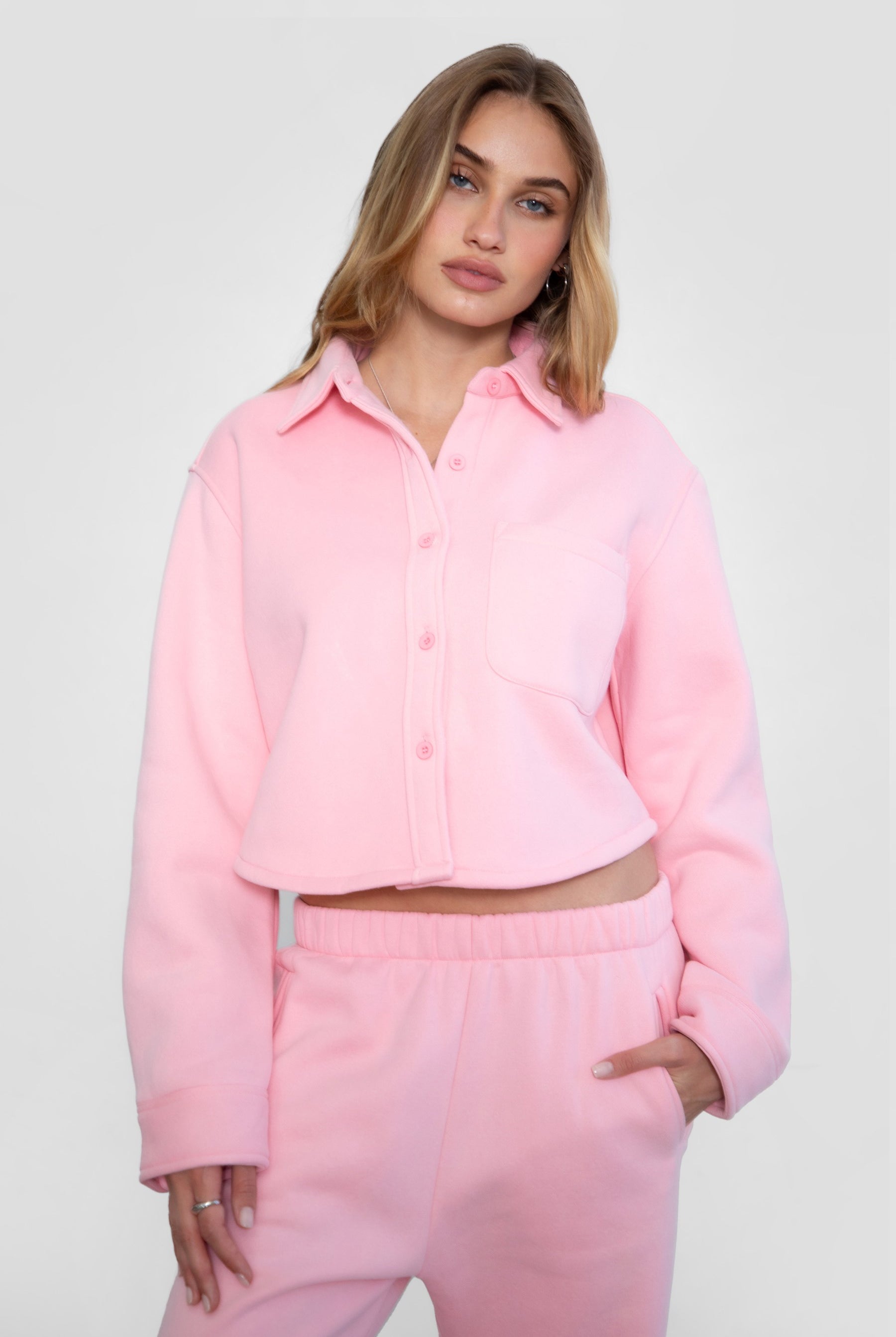 TIC TOC JENNIE cropped fleece shacket in blush with button-up front and front pocket detail