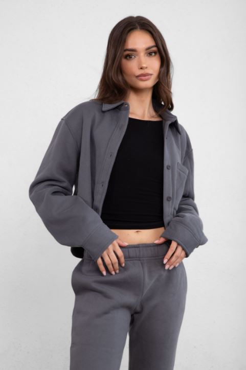 TIC TOC JENNIE cropped fleece shacket in graphite with button-up front and front pocket detail