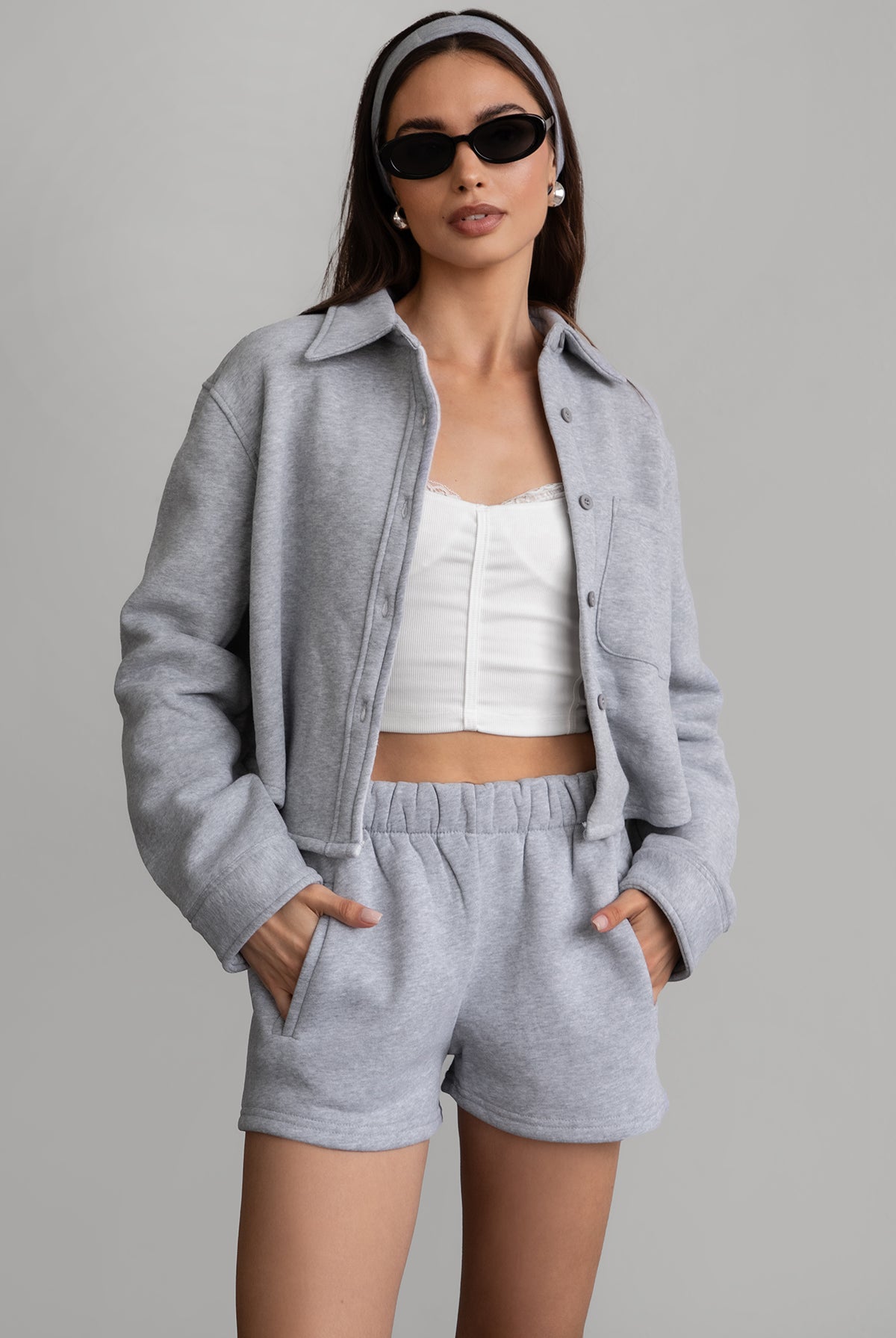 TIC TOC JENNIE cropped fleece shacket in heather grey with button-up front and front pocket detail