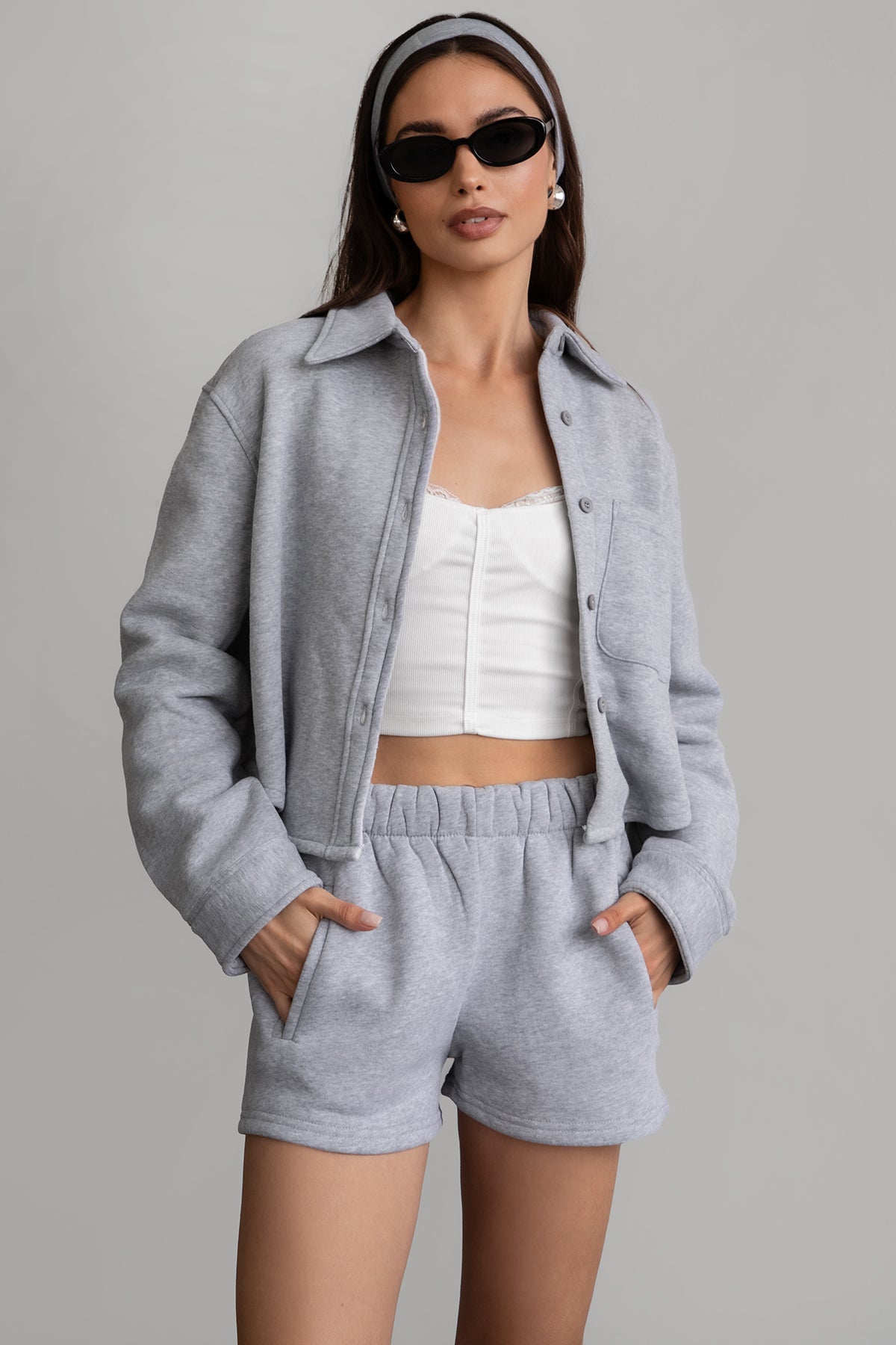 TIC TOC JENNIE cropped fleece shacket in heather grey with button-up front and front pocket detail