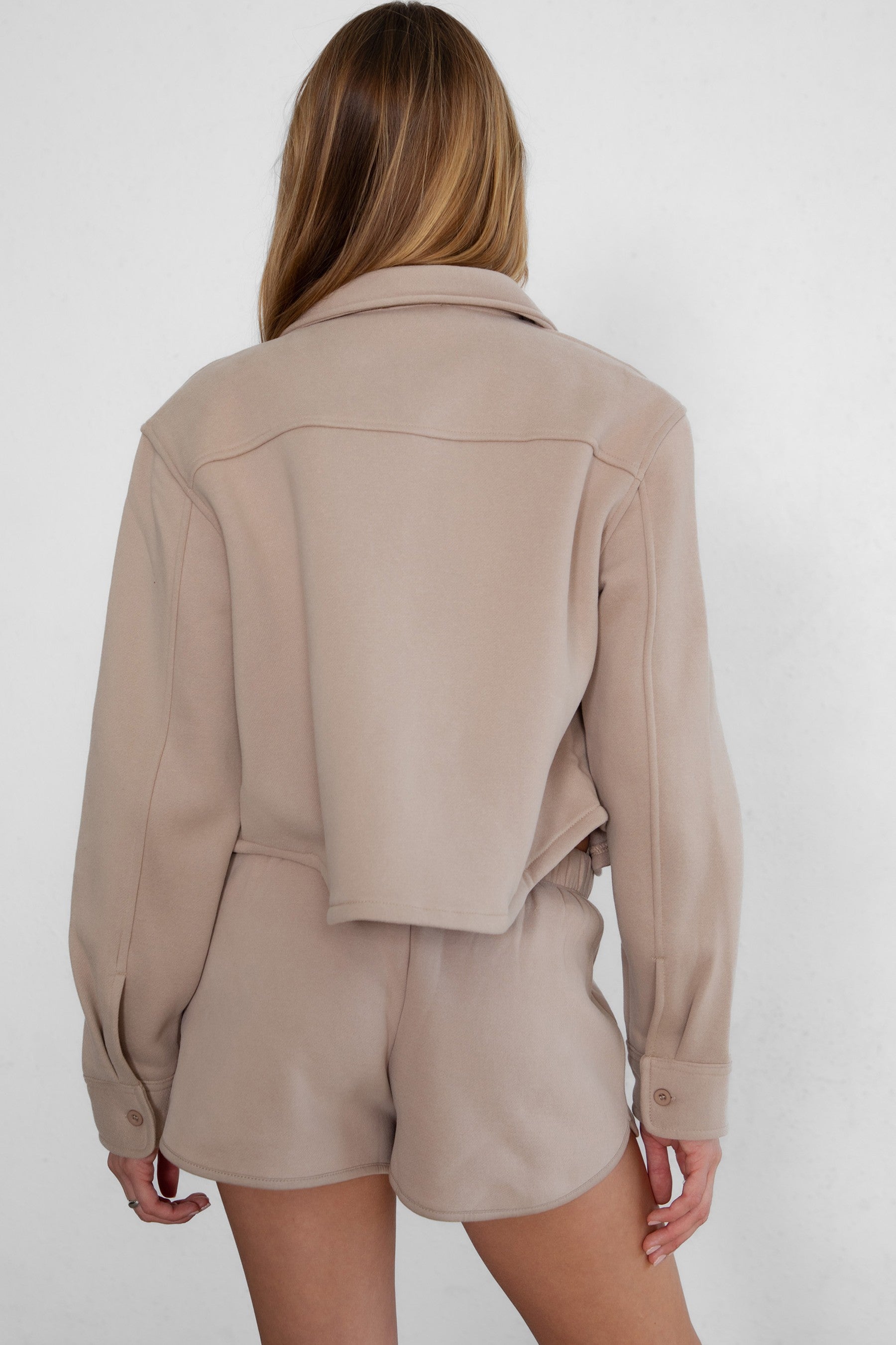 TIC TOC JENNIE cropped fleece shacket in taupe with button-up front and front pocket detail