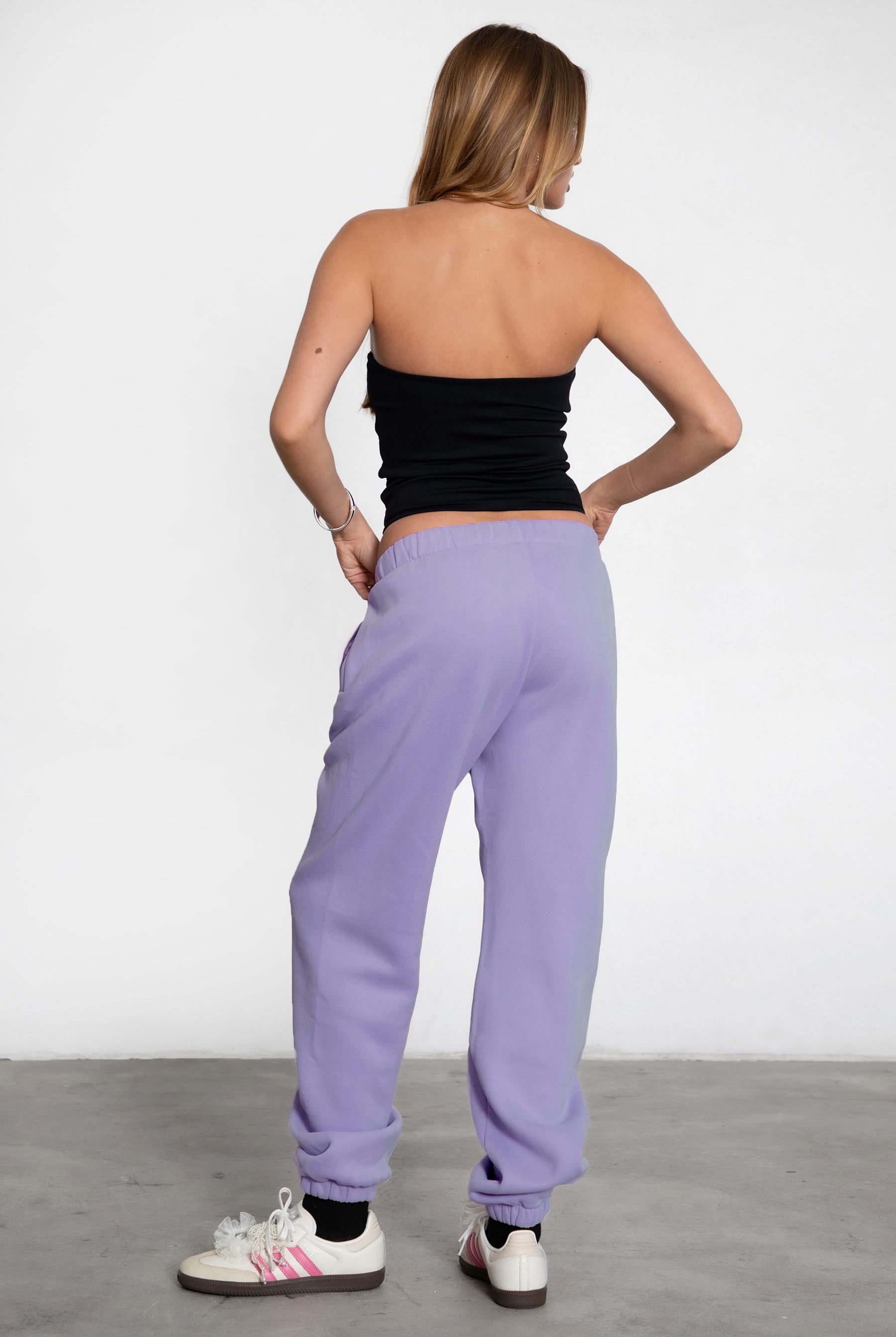 TIC TOC DOVE high waist fleece sweatpants in bright lavender with elasticated waistband and side pockets