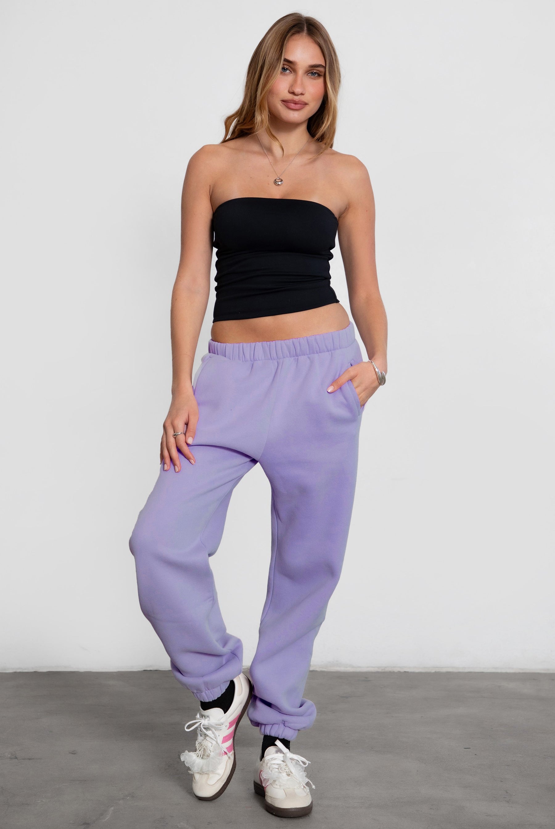 TIC TOC DOVE high waist fleece sweatpants in bright lavender with elasticated waistband and side pockets