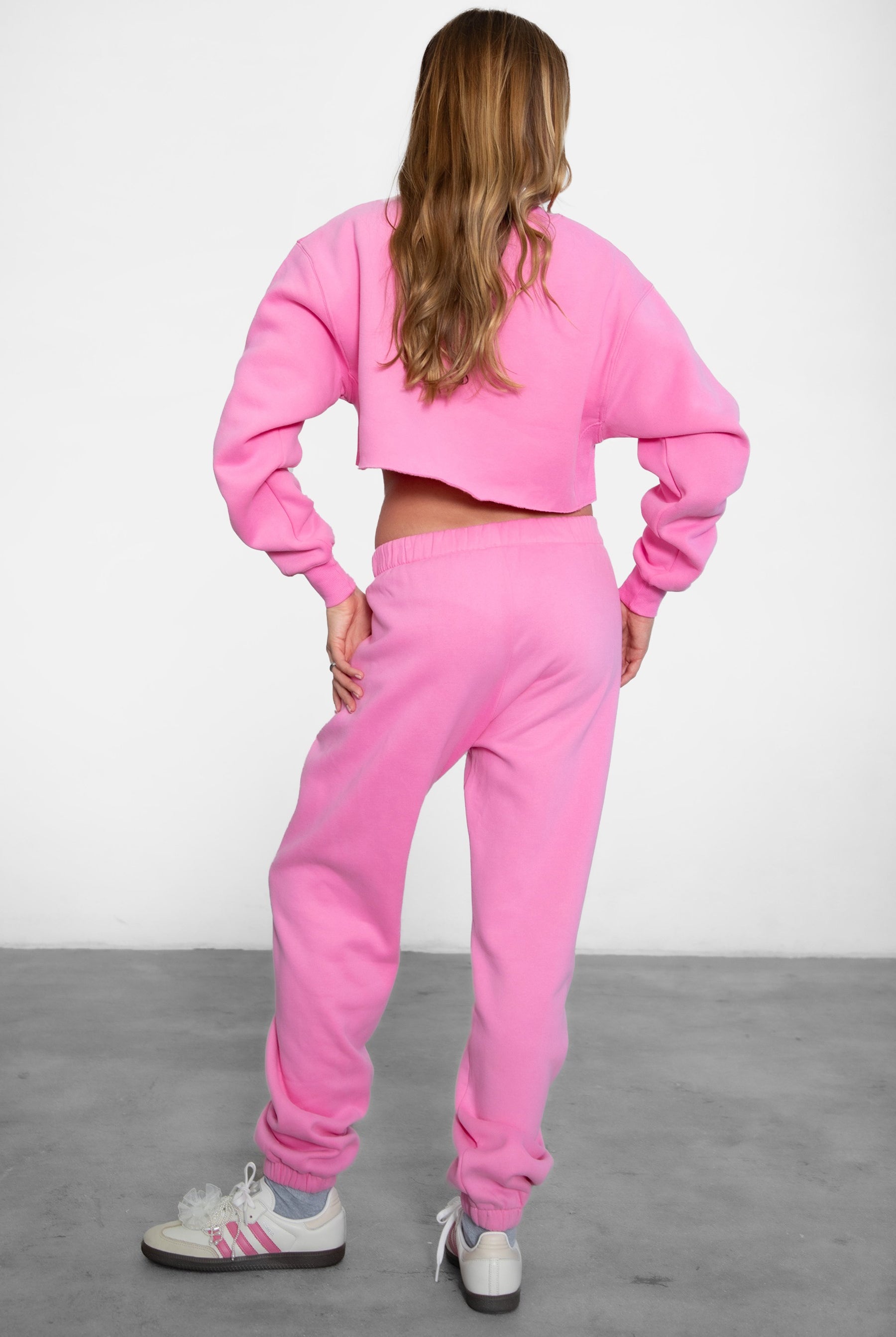 TIC TOC DOVE high waist fleece sweatpants in bright pink with elasticated waistband and side pockets