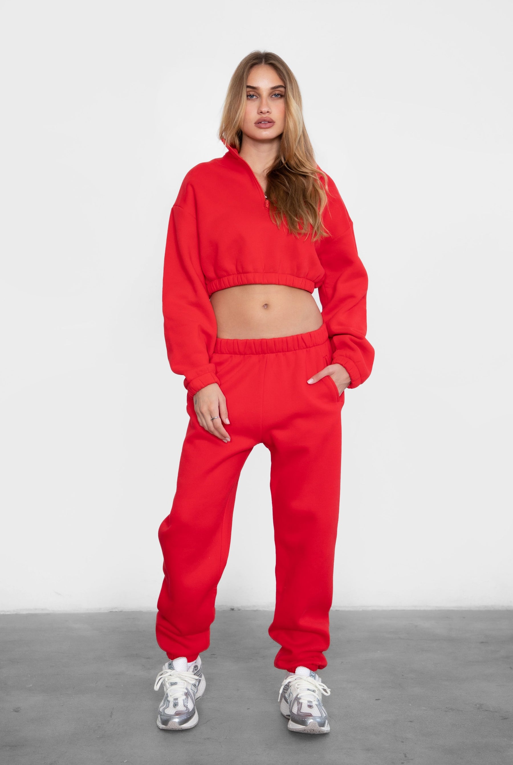TIC TOC DOVE high waist fleece sweatpants in cherry red with elasticated waistband and side pockets