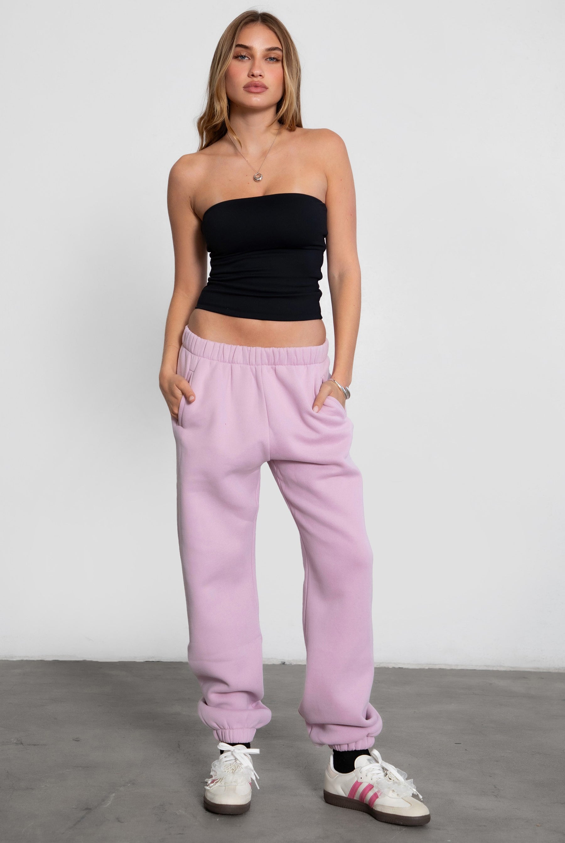 Game-day ready high-waist sweatpants in blush from the Essentials Plush Fleece Collection in light lavender