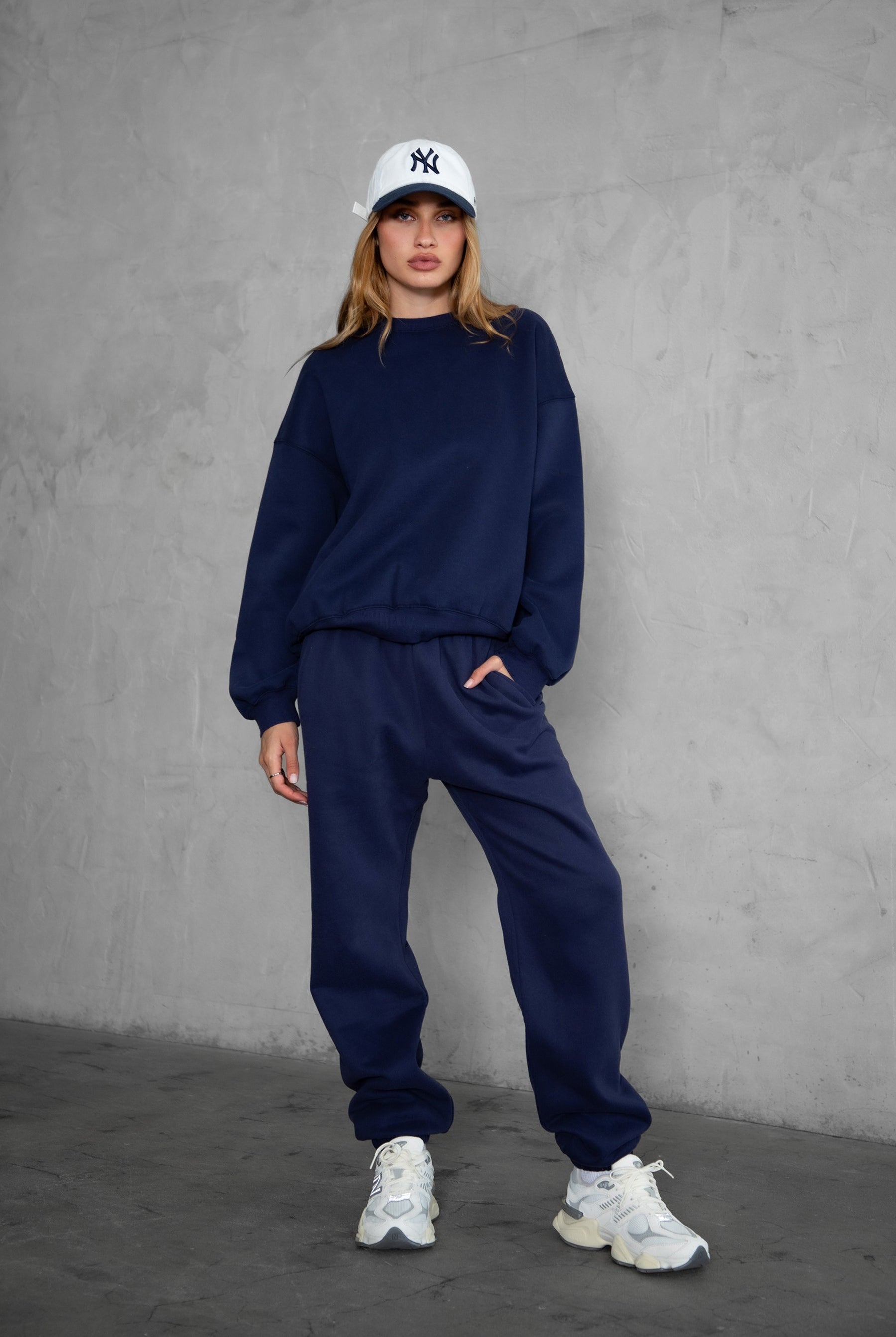 Game-day ready high-waist sweatpants in blush from the Essentials Plush Fleece Collection in navy