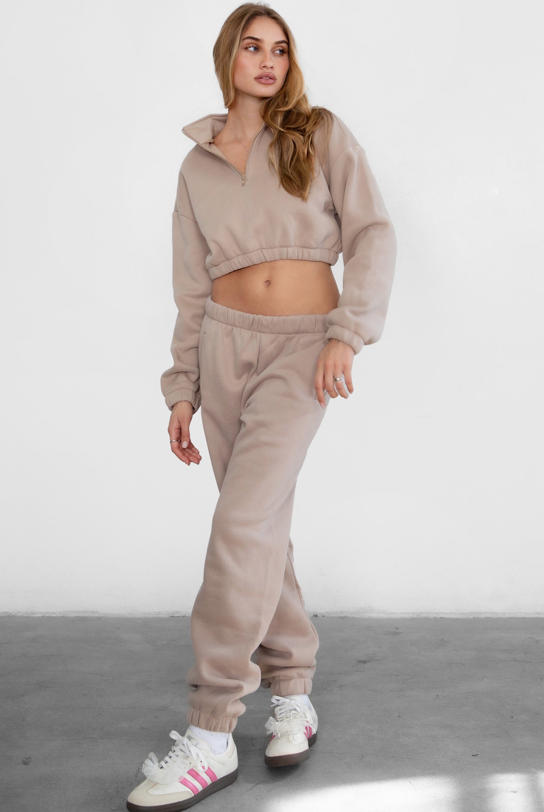 Game-day ready high-waist sweatpants in blush from the Essentials Plush Fleece Collection in taupe