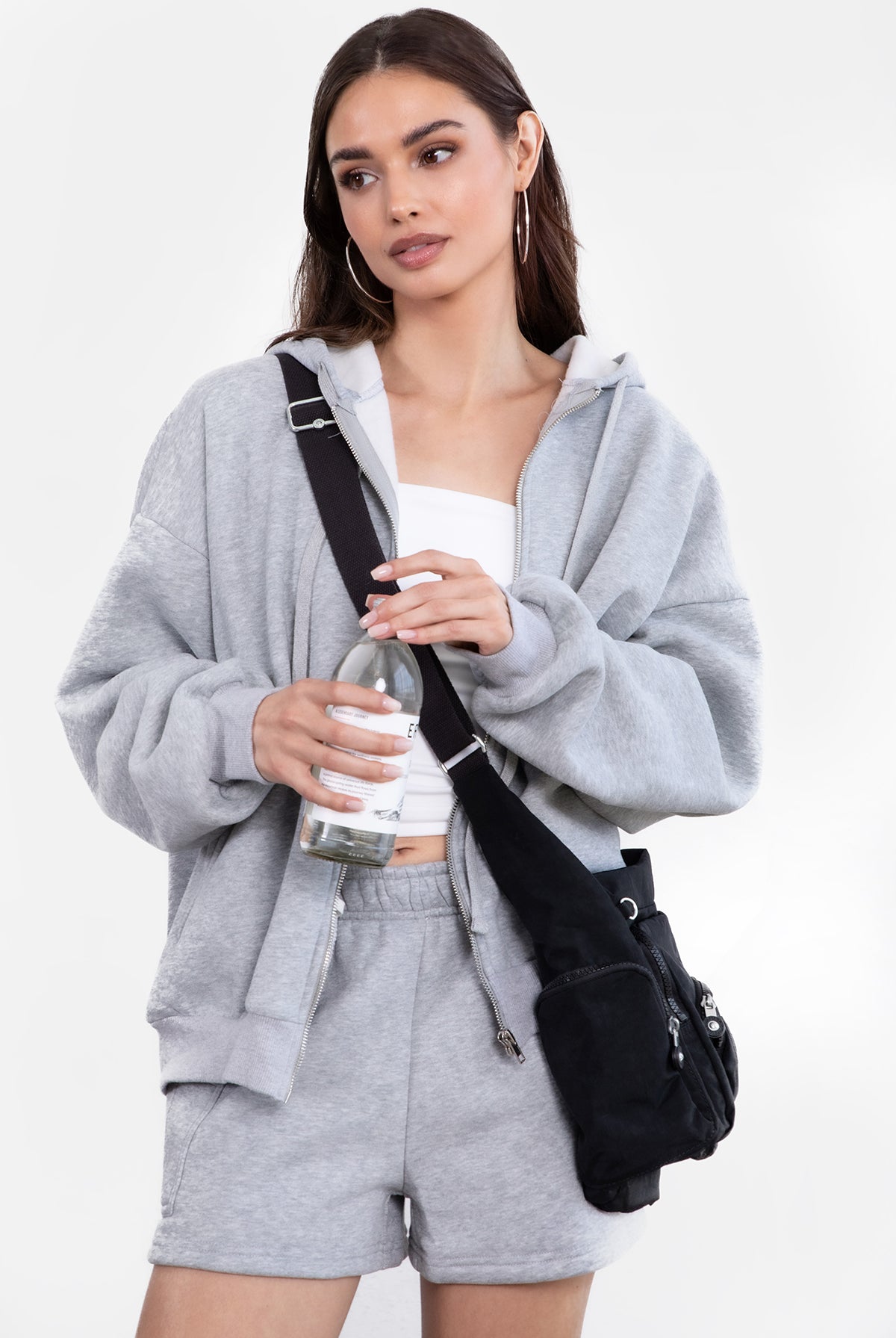 Heather grey oversized zip-up fleece hoodie with ribbed hem and cuffs for a classic casual look by Tic Toc.