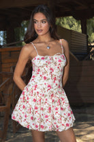 AMBERORSE Floral Print Bubble Hem Mini Dress
Square Neckline
Adjustable Spaghetti Straps
Connected Self Tie At Bust 
Hidden Zipper Closure at Side
Shaped Waist V Cut Hip Line
Short A-Line Bubble Skirt With Gathered Fabric 
Double Lined Peach Skin Fabric 