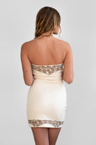 TIC TOC DA31077 LAREDO Embroidered Suede Mini Dress in soft suede with floral embroidery, studded button line detail, and a strapless fitted silhouette. Perfect for western festival outfits.