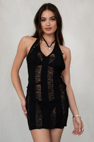 TIC TOC DC30135 DIAHNA Distressed Knit Mini Dress with Halter Straps and Open Back in white
