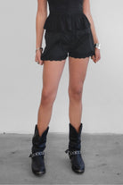 DANIE Stretch Poplin Low Rise Shorts 
Adjustable Tie Stretch Waistband 
Button Placket At Center Front
Exposed Vertical Seaming
Exposed Lace Hem 
Summer Cotton Linen Like Airy Fabric 