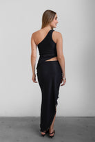 TIC TOC SC30926 MUAH S Mesh Print Asymmetrical Skirt featuring abstract floral mesh design with mid-rise waist and angled hem.