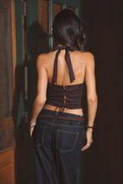 Back view of MARGEE Western Suede Halter Top in Dark Brown