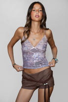 TIC TOC ALESSI Leopard Mesh Cami Top  with plunging neckline, lace trim, and sheer stretch mesh bodice.