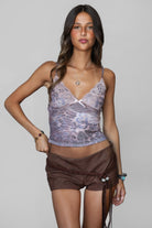 TIC TOC ALESSI Leopard Mesh Cami Top  with plunging neckline, lace trim, and sheer stretch mesh bodice.