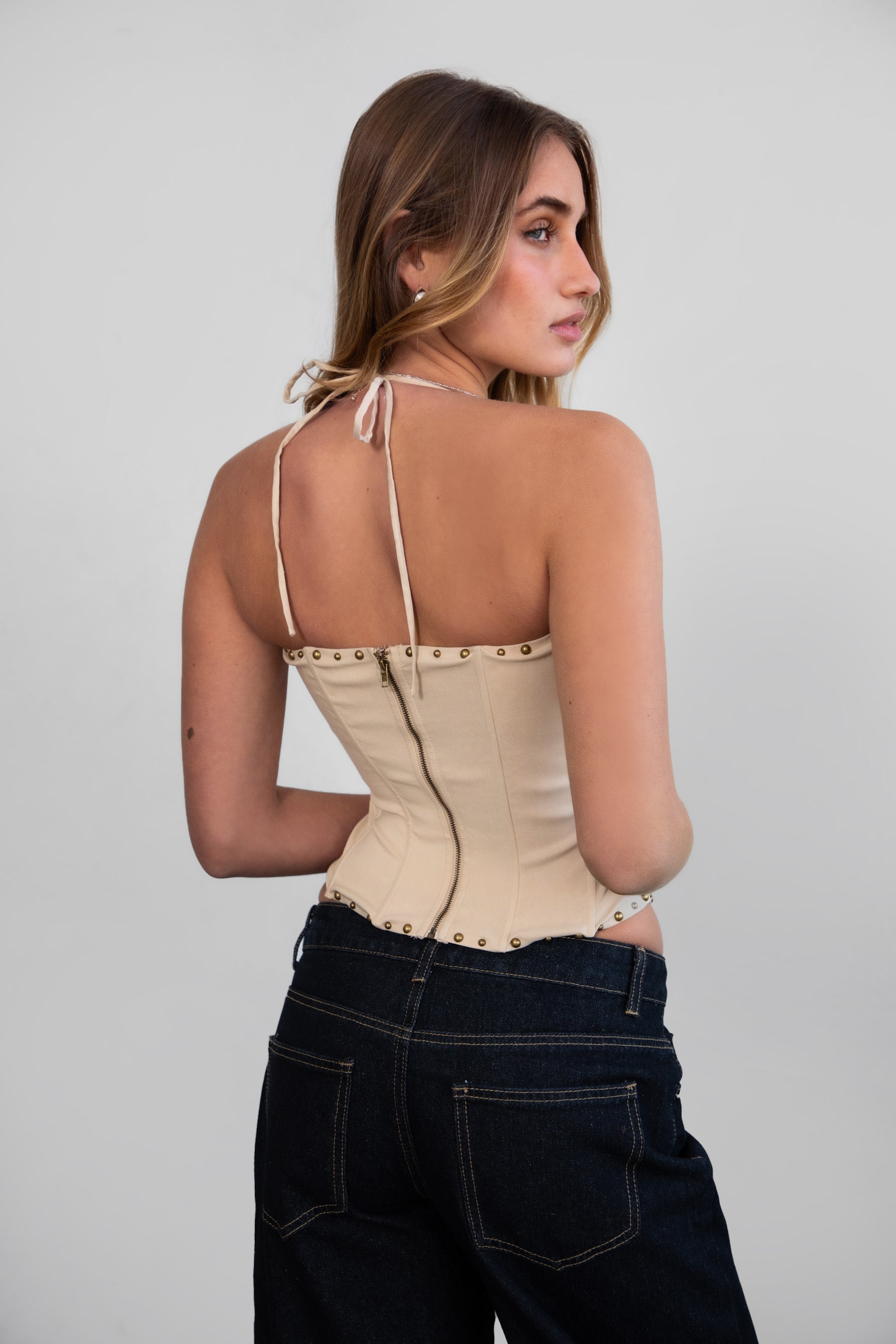 TIC TOC CLEMENTINE Stretch Embroidered Western Corset Top in khaki with halter tie, lace-up front, and studded detailing.