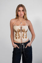 TIC TOC CLEMENTINE Stretch Embroidered Western Corset Top in khaki with halter tie, lace-up front, and studded detailing.