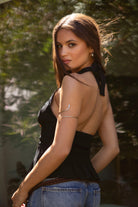TIC TOC TA31128 ALANA Black Chiffon Lace Trim Halter Top with Pleated Flare