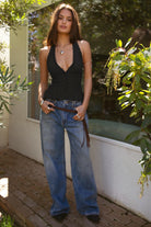 TIC TOC TA31128 ALANA Black Chiffon Lace Trim Halter Top with Pleated Flare