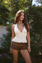 TIC TOC TA31128 ALANA Champagne Chiffon Lace Trim Halter Top with Pleated Flare