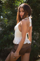 TIC TOC TA31128 ALANA Champagne Chiffon Lace Trim Halter Top with Pleated Flare